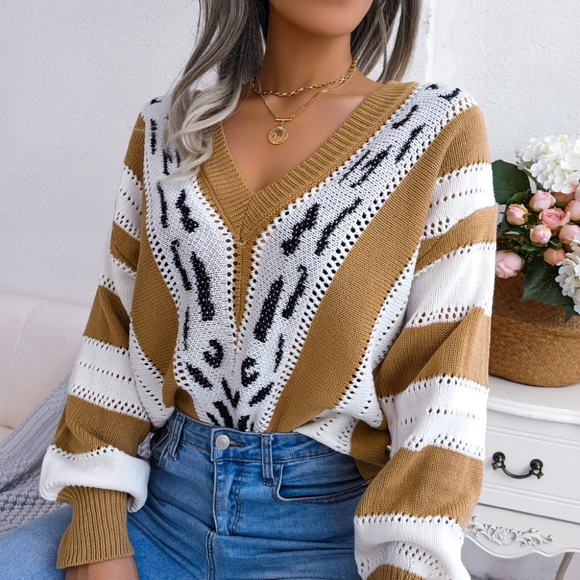 Striped Leopard Print V-Neck Balloon Sleeve Sweater - Picture 4 of 12